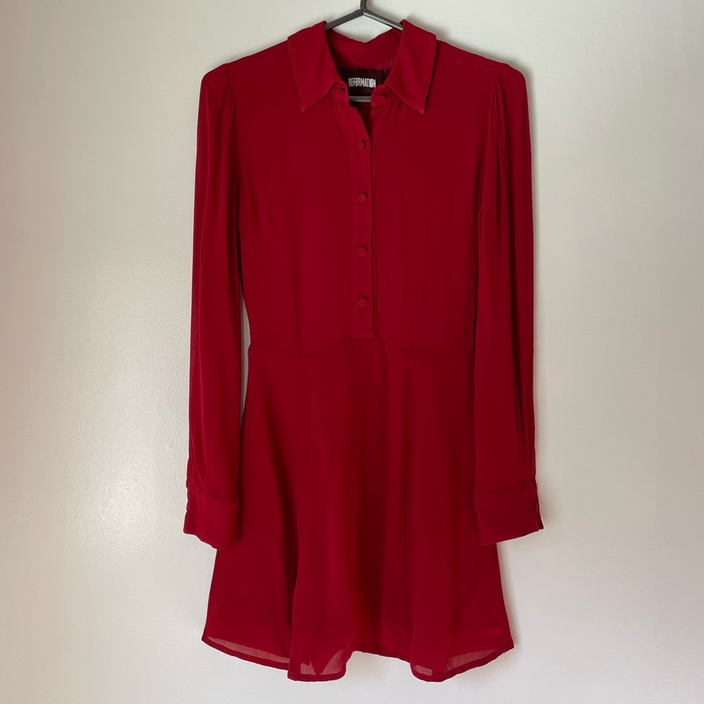Long sleeve, short red dress by Reformation!